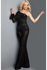 Front view of Jovani 23375 black gown with one-shoulder design and feathered sleeve.