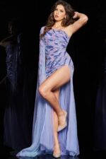 Front view of model wearing Jovani 23377 lilac dress with an embellished bodice.