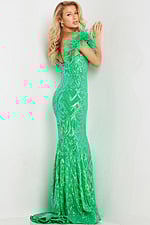 Back view of model in Jovani 23383 green dress with shimmering details.
