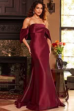 Model wearing Jovani 23398 burgundy dress, front view with off-the-shoulder style.