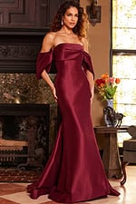 Model wearing Jovani 23398 in burgundy, front view.
