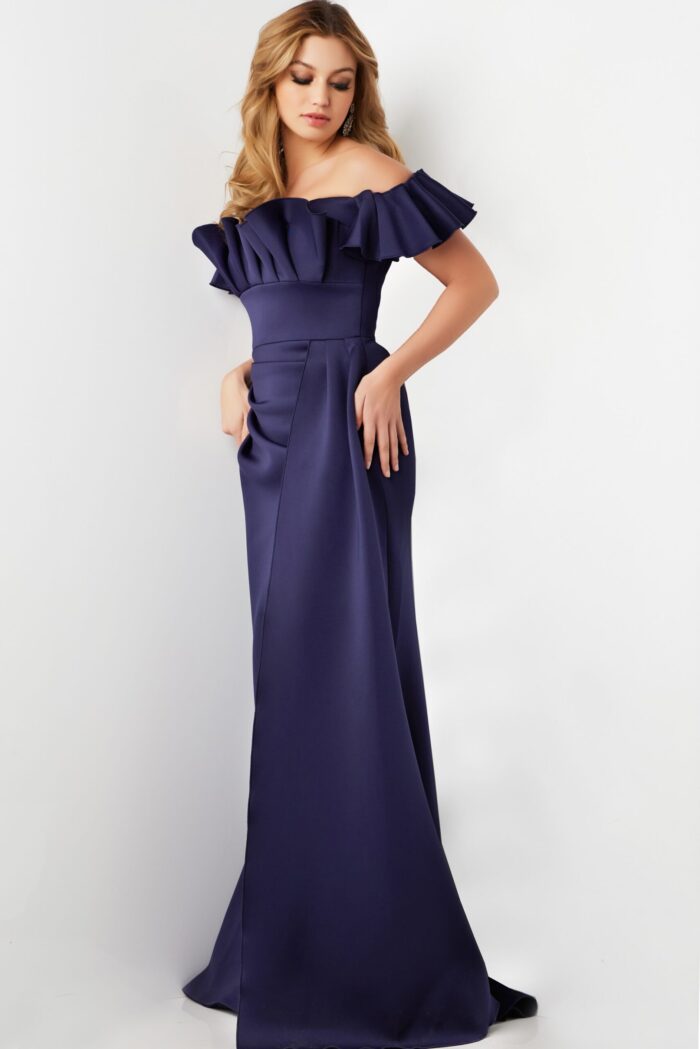 Front view of Jovani 23402 Navy gown with ruffled off-the-shoulder neckline.