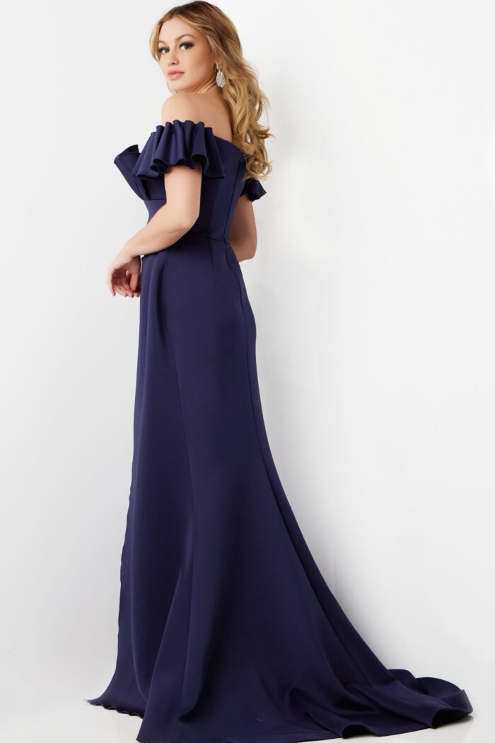 Back view of Jovani 23402 Navy off-the-shoulder gown.