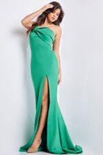 Close-up of Jovani 23555 green gown highlighting the off-the-shoulder design.