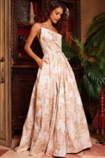 Jovani 23625 Gold Print Pleated A Line Gown | Jovani