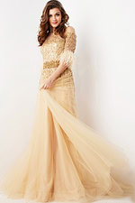Model posing in Jovani 23629 beige gown with sequined bodice and flowy skirt.