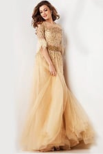 Model showcasing Jovani 23629 gown from the side with intricate sequined details.