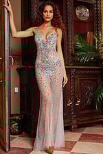 Model wearing silver dress 23635, side front view