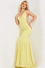 Model wearing Jovani 23701 yellow dress back view