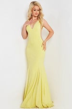 Model wearing Jovani 23701 yellow dress full length front view