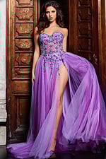Model wearing 23709 lilac evening gown with strapless neckline and tulle skirt, front full length