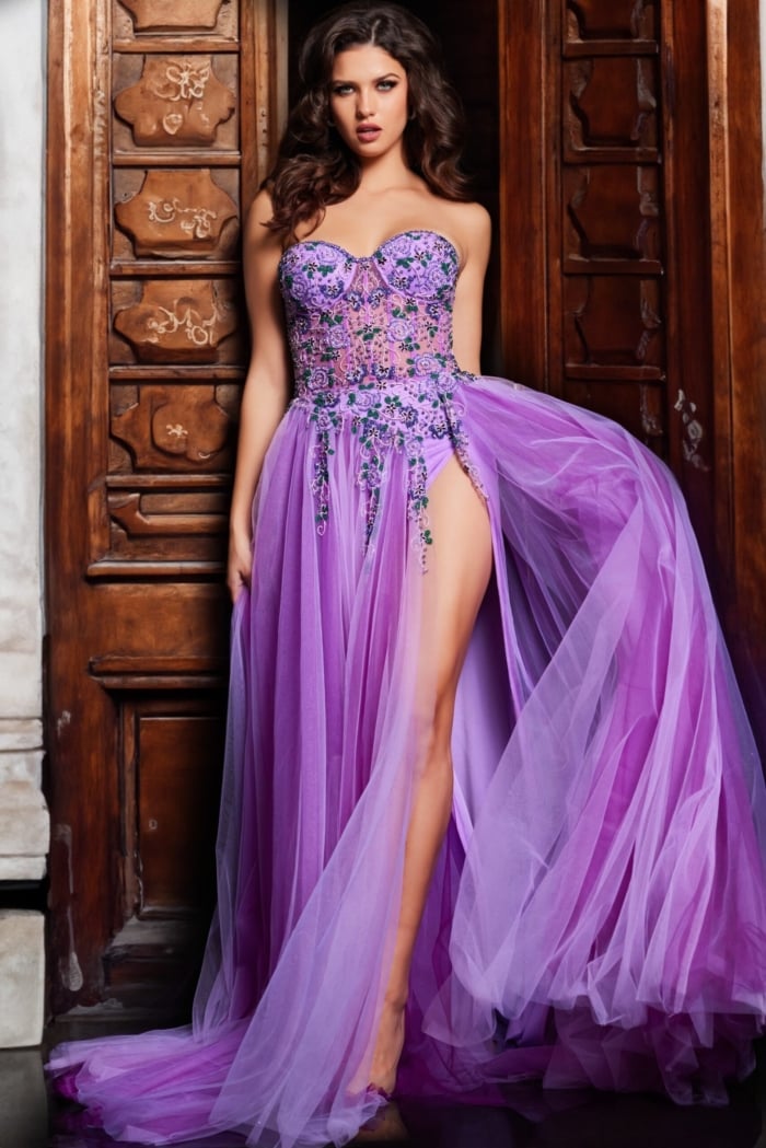 long lilac dress Chic Spaghetti Straps Sequin Lace Prom with Slit This stunning floor Amarra 88320 Size 6 Lilac
