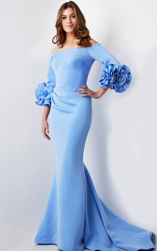 Model wearing Jovani 23716 light blue gown, front view with floral sleeves