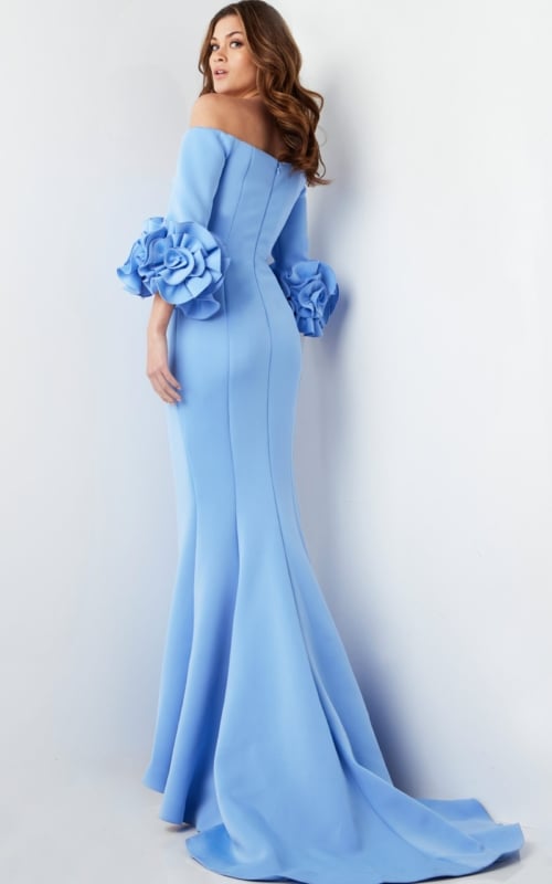 Back view of model wearing Jovani 23716 light blue gown, showcasing fitted silhouette