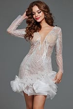 Model in Jovani 23727 dress front view, showing V-neck and flowing hem detail.