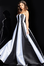 model wearing 23728 elegant black and ivory strapless gown stylish front view