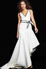 Model in full-length view of Jovani 23762 dress with high-low style