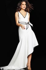 Model showing Jovani 23762 dress with V-neck and elegant design