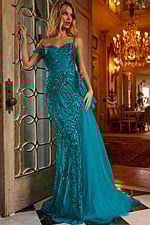 Model wearing Jovani 23777 vibrant blue gown with sequins and off-the-shoulder design from the front.
