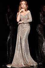 Model wearing Jovani 23779 gold off-the-shoulder gown with sequins close-up