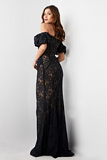 model wearing Jovani 23813 dark navy gown back view