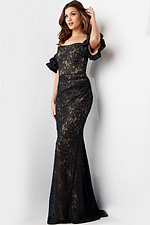 model wearing Jovani 23813 dark navy gown front view