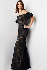 model wearing Jovani 23813 dark navy gown side view
