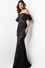 model wearing Jovani 23813 dark navy gown close-up front