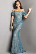 Model wearing Jovani 23813 navy off-the-shoulder gown with lace overlay