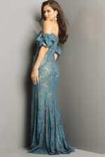 Back view of model showcasing Jovani 23813 navy lace gown