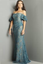 Model wearing Jovani 23813 navy gown with a floor-length design