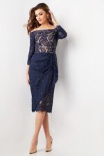 model wearing Jovani 23814 navy lace dress, close-up of front view