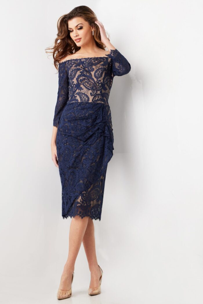 model wearing Jovani 23814 navy lace dress, close-up of front view
