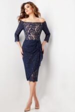 model wearing Jovani 23814 navy lace dress, full-length front view