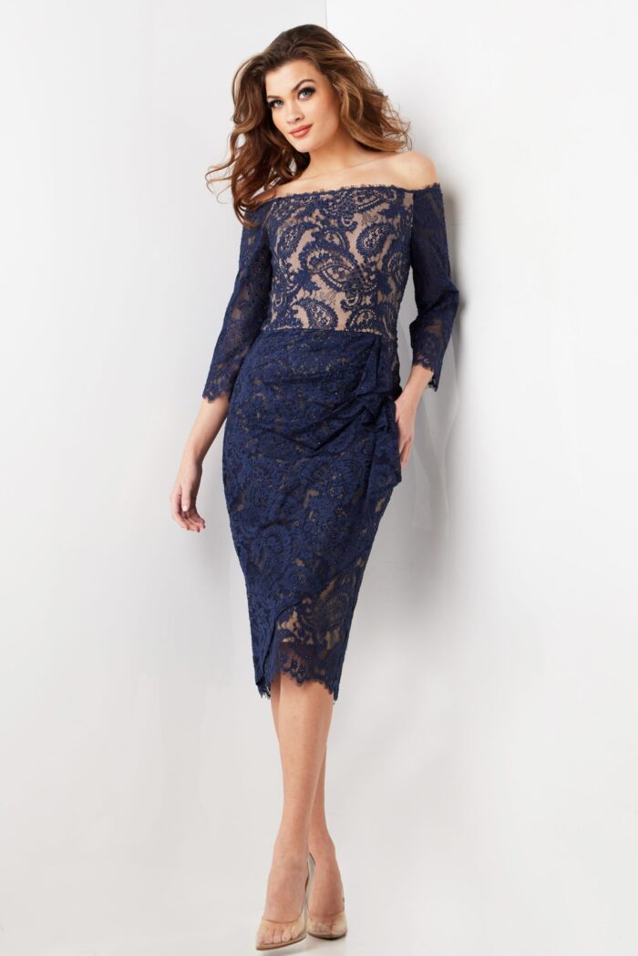 model wearing Jovani 23814 navy lace dress, front view with detail