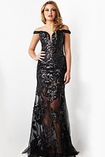 Model wearing Jovani 23834 black lace gown front view