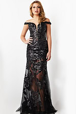 Front view of Jovani 23834 black gown with floral lace