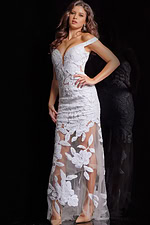 Front pose in Jovani 23834 white lace gown