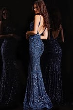 Back view of Jovani 23839 blue gown highlighting the low back design.