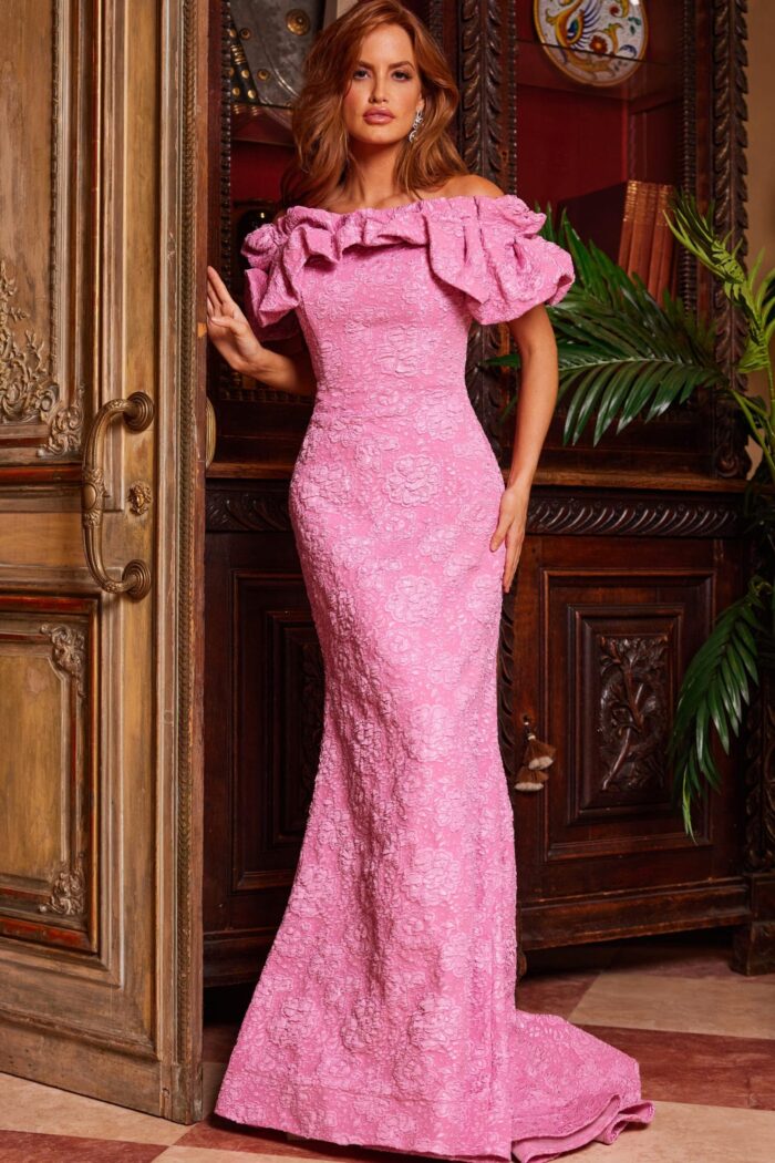 Jovani 23847 Pink Floral Off the Shoulder Gown | Jovani