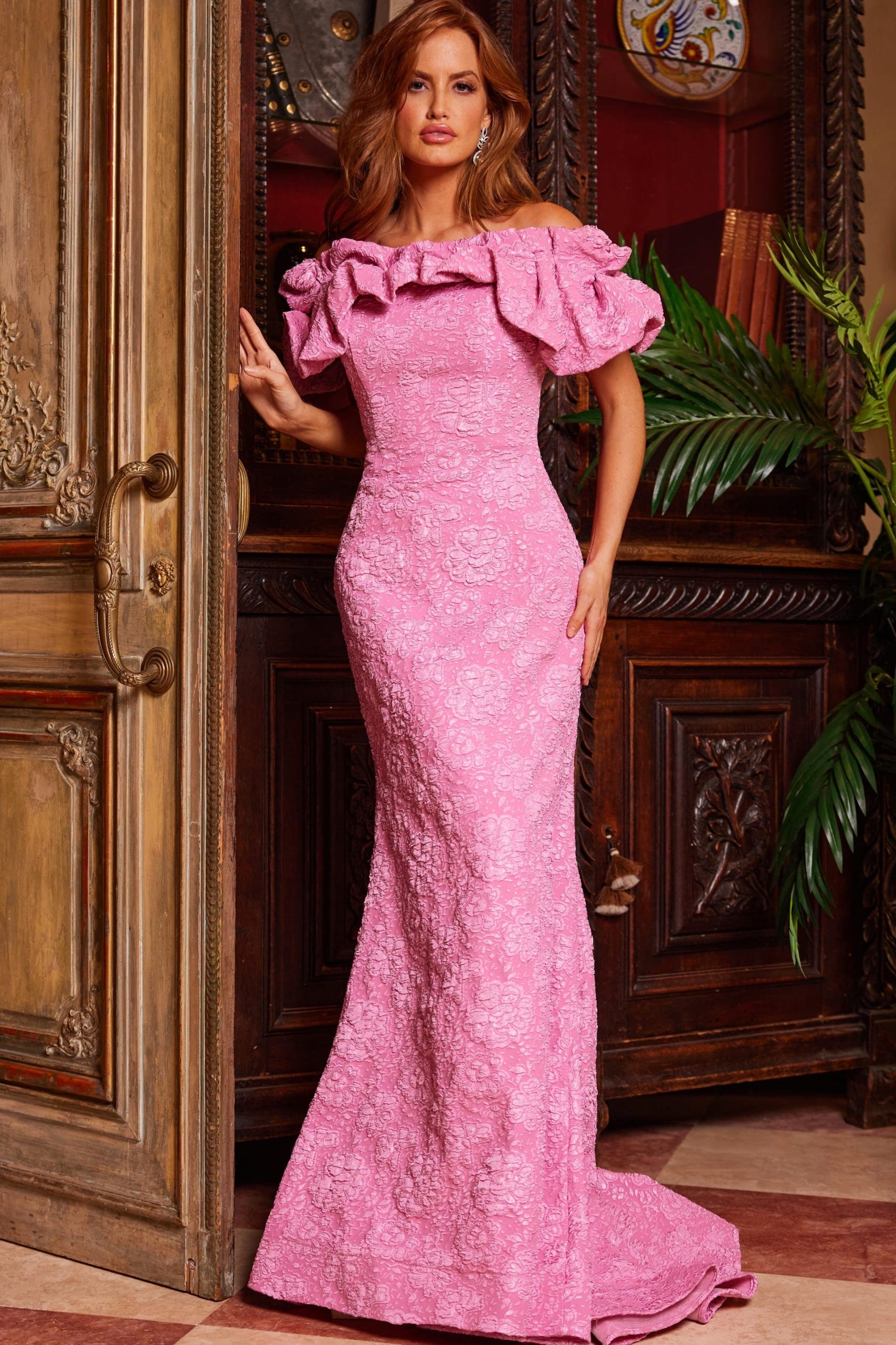 ワンピース ETMON Strap Slit Off Shoulder Dress, Pink Jovani 23847 Pink Floral Off the Shoulder Gown | Jovani