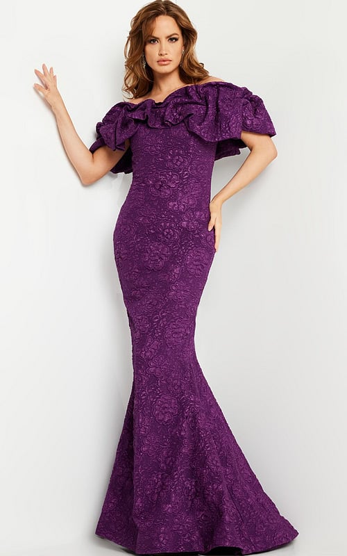 Model wearing Jovani 23847 purple gown with ruffled neckline and mermaid silhouette