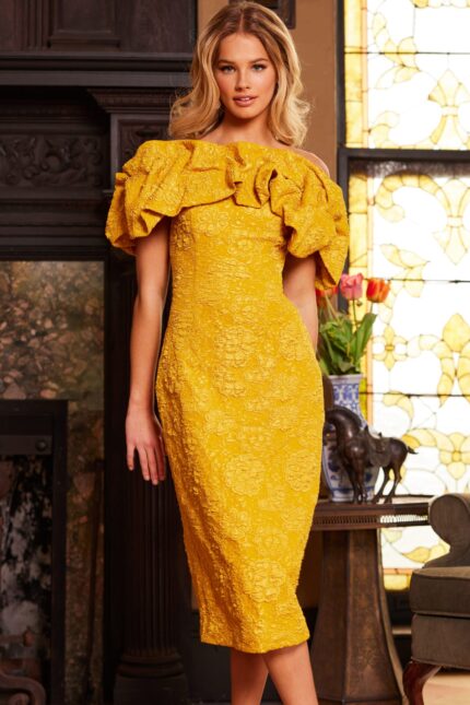 Model wearing Jovani 23848 yellow dress with off-the-shoulder neckline and ruffles, front view.