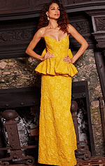 Model wearing Jovani 23849 front view of yellow evening gown showcasing peplum and sweetheart neckline.