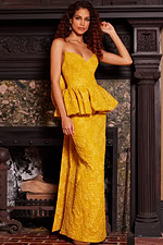 Model wearing Jovani 23849 front view of yellow gown with peplum waist and sweetheart neckline.