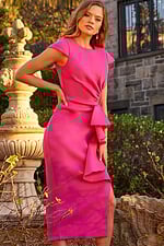 Model wearing Jovani 23856 fuchsia dress with close-up view of neckline and sleeve.