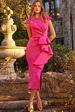 Model wearing Jovani 23856 fuchsia dress with front view showcasing side drape detail.