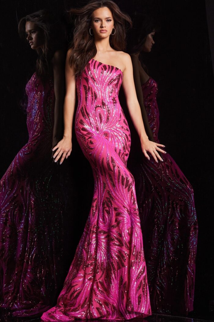 Model wearing Jovani 23876 in pink, front view with elegant sequin detailing.