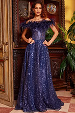 Model wearing Jovani 23884 navy gown with feathered off-the-shoulder neckline and sequins from the front view.