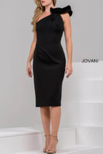 model wearing Jovani 23886 in black with one-shoulder ruffle design